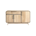 **Titel in het Nederlands: Moderne houten dressoir met strakke lijnen en meerdere opbergvakken**