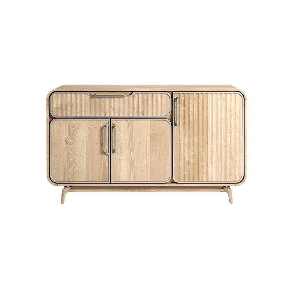**Titel in het Nederlands: Moderne houten dressoir met strakke lijnen en meerdere opbergvakken**