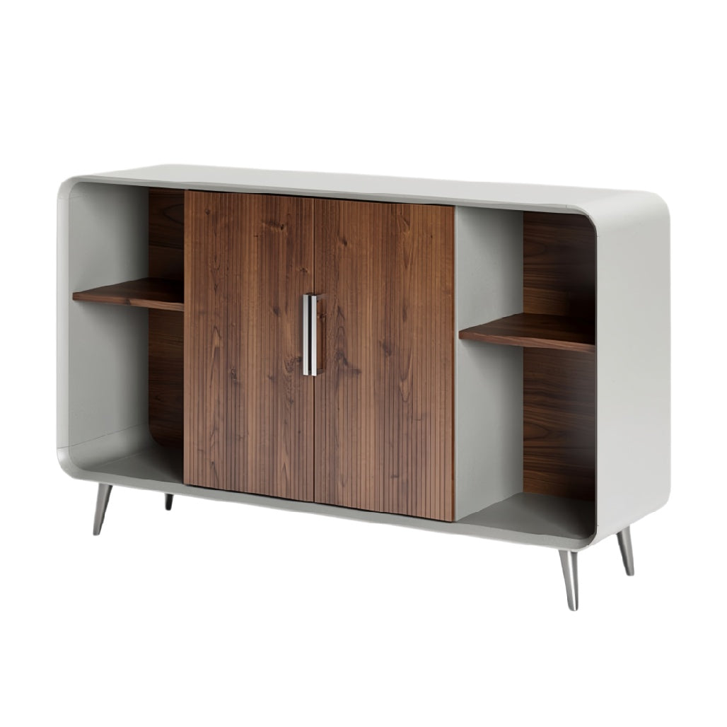 **Moderne, geïnspireerde kast met houtaccenten en ronde randen**
